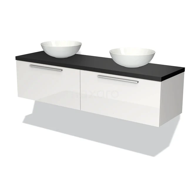 Modulo Plato Badmöbel mit Aufsatzwaschbecken | 160 cm Hochglanz Weiß Flach front Matt Schwarz blatt 2 nebeneinanderliegende Schubladen BMK12-00966 Weißes Hochglanz-Badmöbel mit zwei Aufsatzwaschbecken, schwarzer Arbeitsplatte und modernen Haltegriffen, ideal für ein stilvolles Badezimmer.