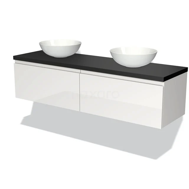 Weißes schwebendes Badmöbel mit schwarzer Platte und zwei runden Waschbecken, ideal für moderne Badezimmer.