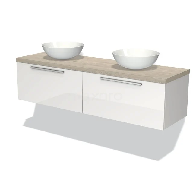 Modulo Plato Vanity units for countertop basin | 160 cm High-gloss white Flat front Light grey oak worktop 2 Side-by-side drawers BMK12-00969