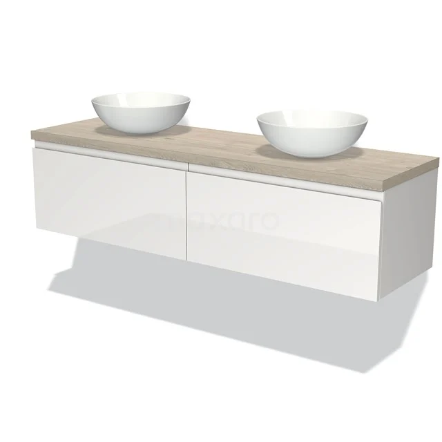 Modulo Plato Badmöbel mit Aufsatzwaschbecken | 160 cm Hochglanz Weiß Grifflos front Hellgraue Eiche blatt 2 nebeneinanderliegende Schubladen BMK12-00971 Weißes schwebendes Waschtisch mit zwei runden Aufsatzwaschbecken, Holzlook Platte, modernes Design für stilvolle Badezimmergestaltung.