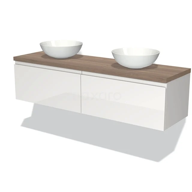 Weißes Holz Badezimmermöbel mit zwei Aufsatzwaschbecken, hängendes Design, moderne Ausstrahlung und einer Eiche Platte.