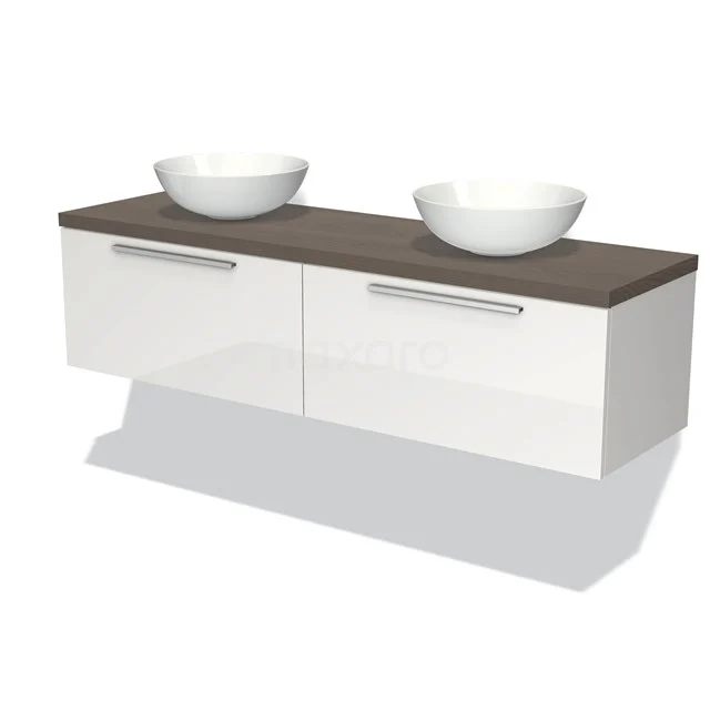 Modulo Plato Badmöbel mit Aufsatzwaschbecken | 160 cm Hochglanz Weiß Flach front Dunkelbraune Eiche blatt 2 nebeneinanderliegende Schubladen BMK12-00978 Weißes Wandmöbel mit Holzlook Platte und zwei modernen Waschbecken, perfekt für eine stilvolle und funktionale Badezimmer Einrichtung.
