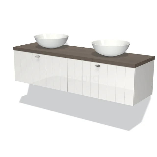 White double vanity unit with wooden worktop and two oval basins, perfect for a modern bathroom design.