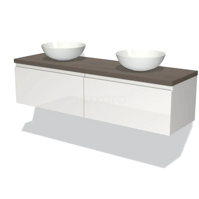 Modulo Plato Vanity units for countertop basin | 160 cm High-gloss white Handle-less front Dark brown oak worktop 2 Side-by-side drawers BMK12-00980