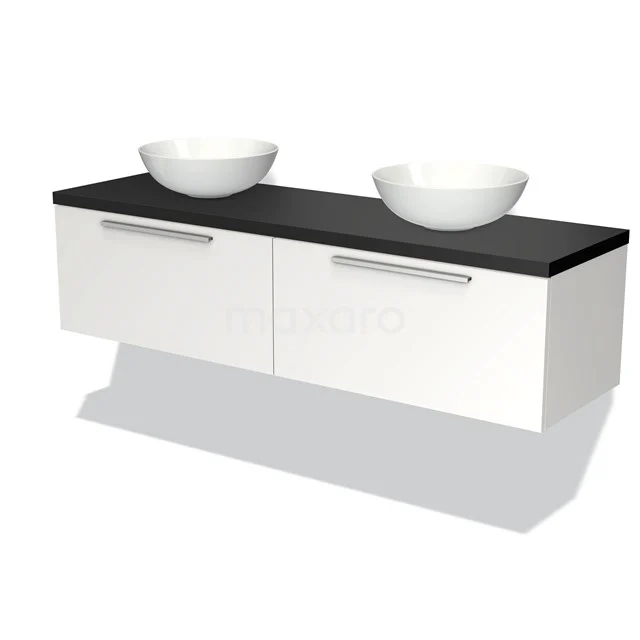 Weißes Badezimmermöbel mit schwarzer Waschtischplatte, zwei keramischen Aufsatzwaschbecken und modernen Haltegriffen; stilvolles und funktionales Design.