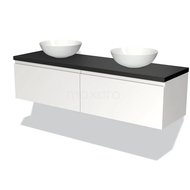 Weißes schwebendes Badmöbel mit schwarzer Oberplatte und doppelten runden Waschbecken, moderner Stil für stilvolle Bäder.