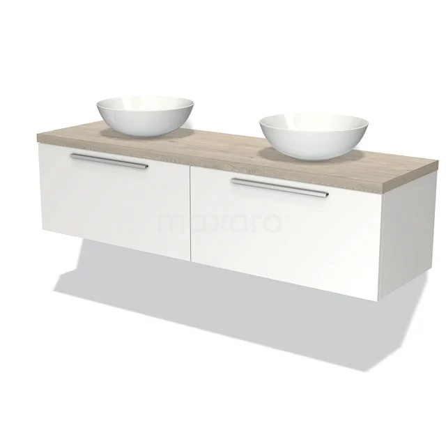 Modulo Plato Badmöbel mit Aufsatzwaschbecken | 160 cm Matt Weiß Flach front Hellgraue Eiche blatt 2 nebeneinanderliegende Schubladen BMK12-00987 Weißes Badmöbel mit Holzlook Platte, zwei keramischen Aufsatzwaschbecken und zwei Schubladen, modernes Design für stilvolle Bäder.