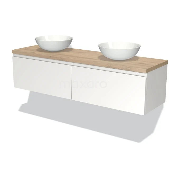 Modulo Plato Badmöbel mit Aufsatzwaschbecken | 160 cm Matt Weiß Grifflos front Hellbraune Eiche blatt 2 nebeneinanderliegende Schubladen BMK12-00992 Weißes hängendes Badmöbel mit Holzplatte und zwei runden Waschbecken, ideal für eine moderne und stilvolle Badezimmer Einrichtung.