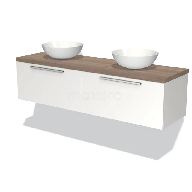 Weißes schwebendes Badmöbel mit Holzplatte und zwei runden Waschbecken, modernes Design, ideal für ein stilvolles Badezimmer.