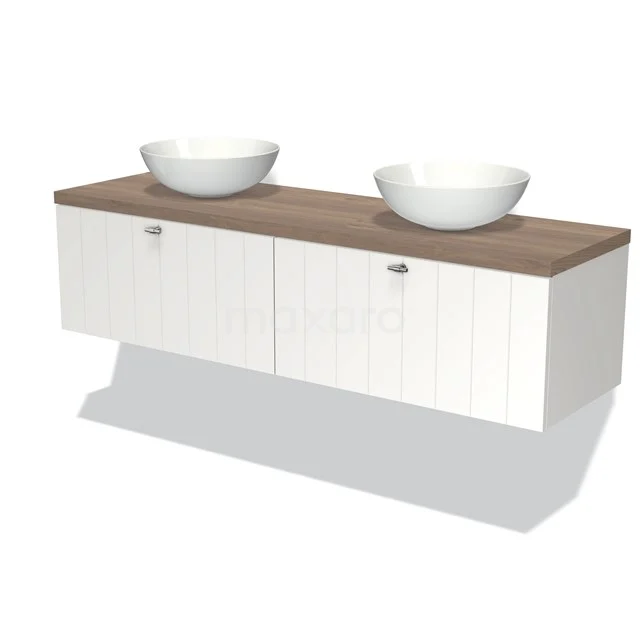 Bathroom unit white with wood-look worktop and two round countertop wash basins, modern design for stylish bathroom design.