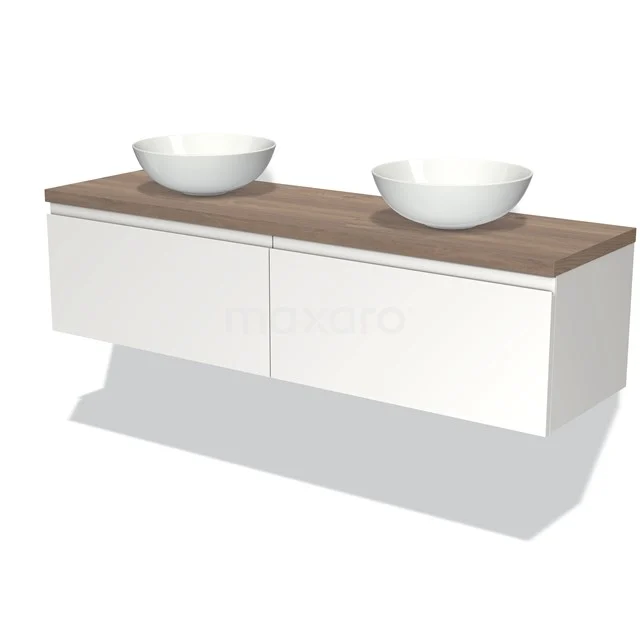 Weißes hängendes Badezimmermöbel mit Holzoptik Platte, doppelten Aufsatzwaschbecken und schickem Design, ideal für ein modernes Badezimmer.