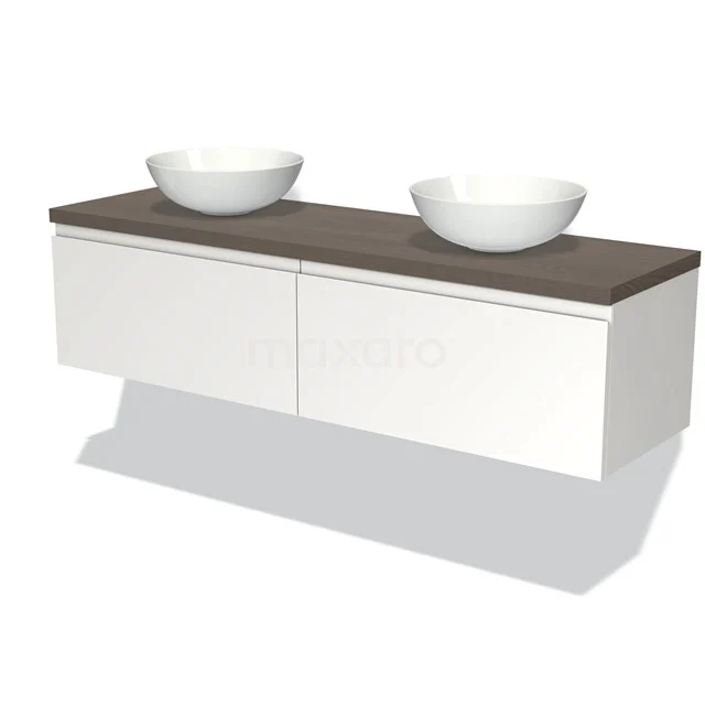 Weißes doppelt Badmöbel mit hängendem hölzernen Waschbecken und zwei ovalen Aufsatzwaschbecken, modernes Design.