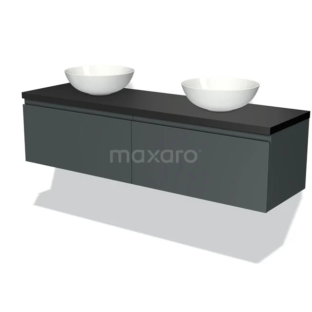 Badmöbel für Aufsatzwaschbecken 160cm Modulo Plato Dunkelgrau 2 Schubladen Grifflos Matt Schwarz Platte BMK12-01001 Dunkelgraue schwebende Badmöbel mit doppelten weißen Aufsatzwaschbecken, straffes Design und hochwertige Verarbeitung.