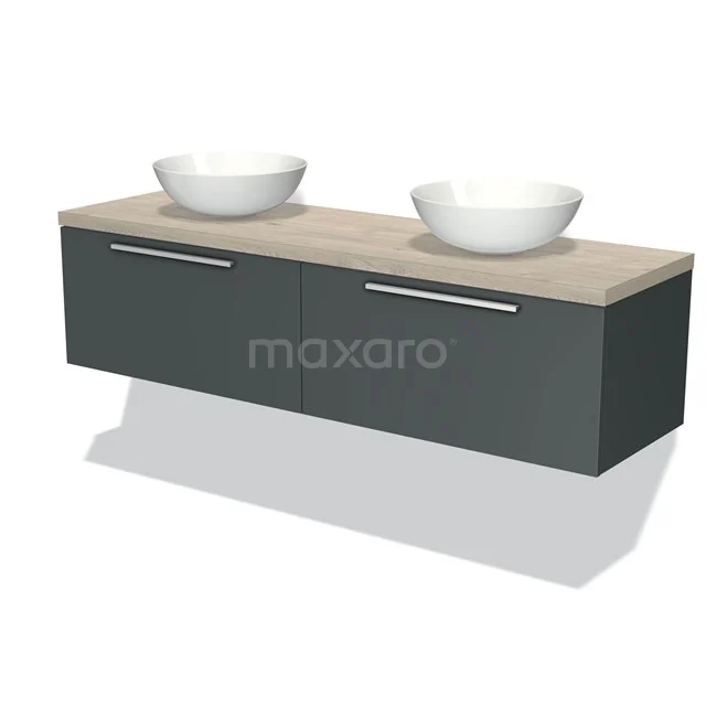 Moderne schwebende Badmöbelset, Grau Holzfurnier mit doppelten weißen Aufsatzwaschbecken und verchromten Haltegriffen.