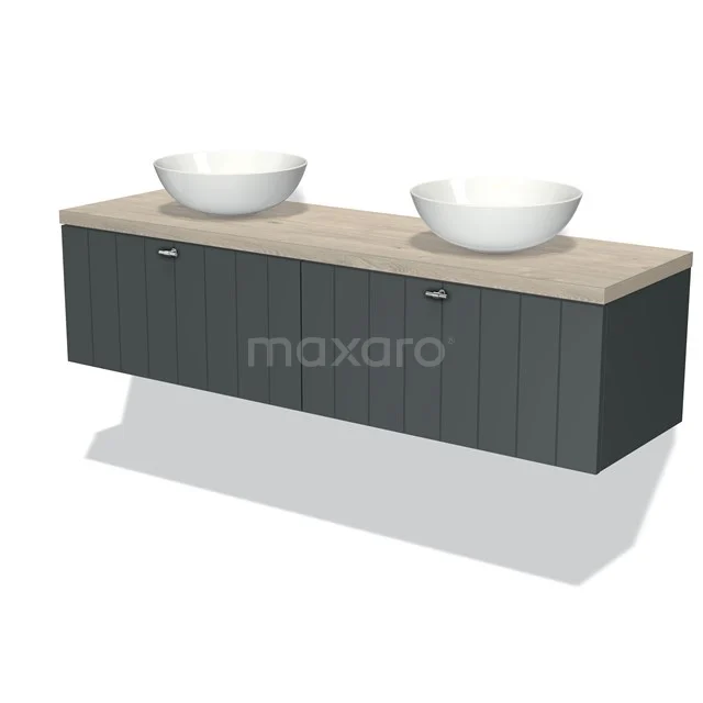 Modulo Plato Badmöbel mit Aufsatzwaschbecken | 160 cm Dunkelgrau Lamelle front Hellgraue Eiche blatt 2 nebeneinanderliegende Schubladen BMK12-01006 Moderne graue Holz-Badmöbel mit doppeltem Aufsatzwaschbecken, schlankem Design und natürlicher Holzplatte, ideal für jedes Badezimmer.