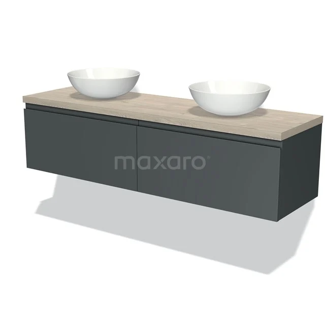 Schwarze Badmöbelset mit Holzplatte, Doppelwaschbecken und modernem hängendem Design für ein stilvolles Badezimmer.