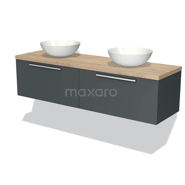 Moderne antrazit Badmöbel mit doppelter Waschtischplatte, Holzoptik-Finish und zwei geräumigen Schubladen für Stauraum.