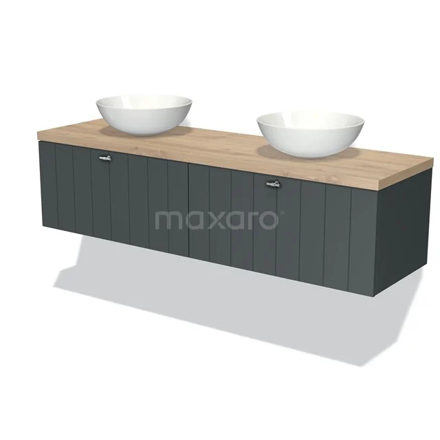 Badmöbel für Aufsatzwaschbecken 160cm Modulo Plato Dunkelgrau 2 Schubladen Lamelle Hellbraune Eiche Platte BMK12-01009 Moderne schwarze Badmöbelset mit Holzlook Platte und zwei weißen Aufsatzwaschbecken, ideal für eine stilvolle Badezimmergestaltung.