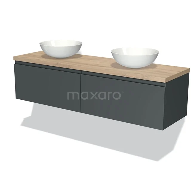 Moderne schwarze Badmöbelset mit Holzlook Platte und zwei weißen ovalen Aufsatzwaschbecken. Perfekt für ein stilvolles Badezimmer.