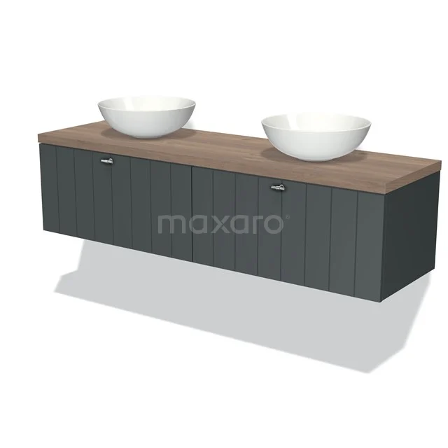 Badmöbel für Waschtischunterschrank mit Konsole 160cm Modulo Plato Dunkelgrau 2 Schubladen Lamelle Mittelbraune Eiche Platte BMK12-01012 Grau Holz Waschtisch mit zwei weißen Aufsatzbecken, ideal für eine moderne Badezimmer Einrichtung.