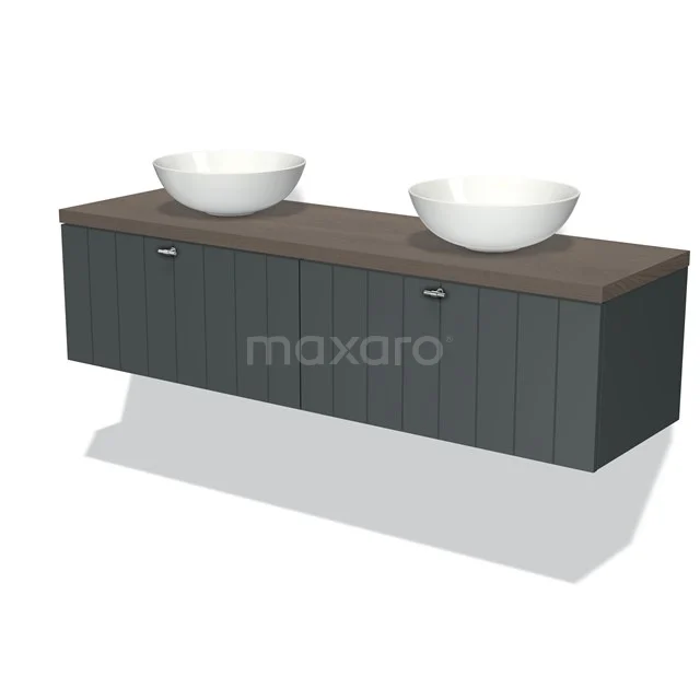 Graue hängende Badmöbelset mit doppelter Waschtischplatte aus Holz und zwei weißen runden Aufsatzwaschbecken.