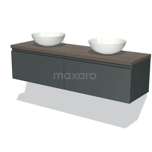 Modulo Plato Badmöbel mit Aufsatzwaschbecken | 160 cm Dunkelgrau Grifflos front Dunkelbraune Eiche blatt 2 nebeneinanderliegende Schubladen BMK12-01016 Zwevend anthrazit Badmöbel mit Holzlook Platte und zwei weißen Aufsatzwaschbecken, modernes Design aus Luxus Badezimmerkollektion.