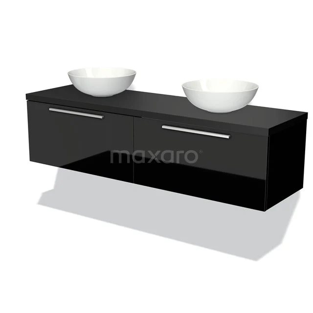 Schwarzes, hängendes Badmöbelset mit doppeltem Aufsatzwaschbecken und glänzender Oberfläche, modernes Design und silbernen Haltegriffen.