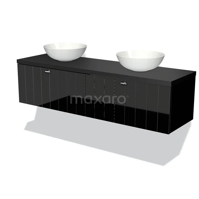 Modulo Plato Vanity units for countertop basin | 160 cm High-gloss black Slat front Matte black worktop 2 Side-by-side drawers BMK12-01018 Black double bathroom furniture set with two round countertop wash basins, made of high-gloss black materials for a modern bathroom style.