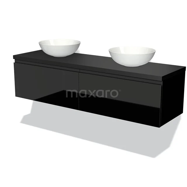 Waschtischunterschrank mit Konsole 160cm Modulo Plato Hochglanz Schwarz 2 Schubladen Grifflos Matt Schwarz Platte BMK12-01019 Schwarzes doppeltes Badezimmermöbel mit Hochglanzoberfläche und zwei weißen Aufsatzwaschbecken für ein stilvolles und modernes Badezimmer.