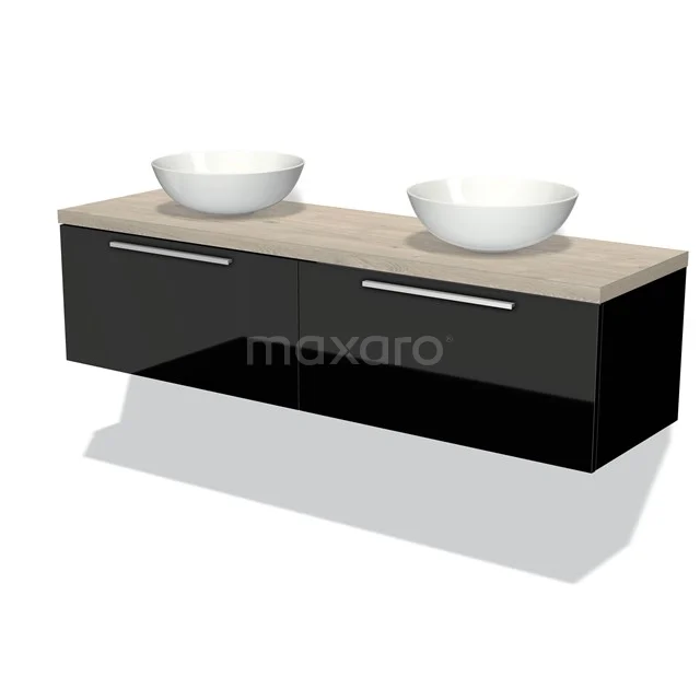 Modulo Plato Badmöbel mit Aufsatzwaschbecken | 160 cm Hochglanz Schwarz Flach front Hellgraue Eiche blatt 2 nebeneinanderliegende Schubladen BMK12-01023 Schwarze Wand Badmöbel mit Holz Platte und doppelten weißen Aufsatzwaschbecken, modernes Design und glänzende Verarbeitung.
