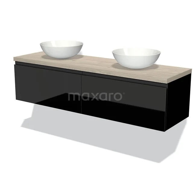 Modulo Plato Badmöbel mit Aufsatzwaschbecken | 160 cm Hochglanz Schwarz Grifflos front Hellgraue Eiche blatt 2 nebeneinanderliegende Schubladen BMK12-01025 Schwarzes schwebendes Badmöbelset mit Holzplatte und doppelten weißen Aufsatzwaschbecken, modernes Design für stilvolle Bäder.