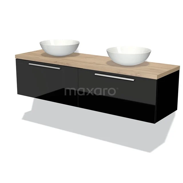 Modulo Plato Vanity units for countertop basin | 160 cm High-gloss black Flat front Light brown oak worktop 2 Side-by-side drawers BMK12-01026