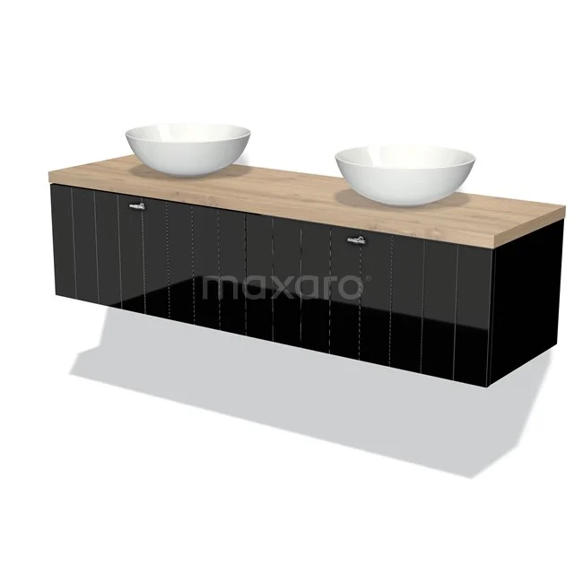 Schwarze Badmöbel mit Holzoptik Platte, doppelte weiße Aufsatzwaschbecken und modernes Design; ideal für stilvolle Badezimmer.