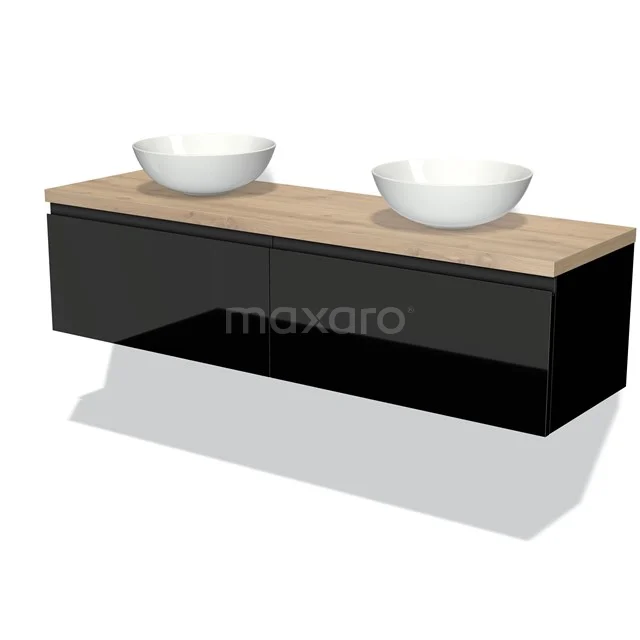 Schwarzes schwebendes Badezimmermöbelset mit holzfarbener Platte und zwei weißen Aufsatzwaschbecken, modernes Design.