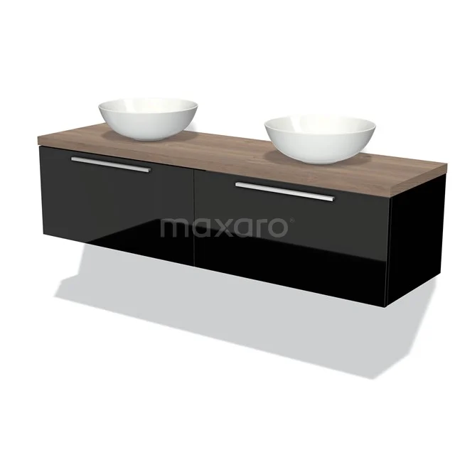 Schwarzes schwebendes Badezimmermöbel mit Holzlook Platte und zwei weißen Aufsatzwaschbecken, modernes Design für stilvolles Badezimmer.