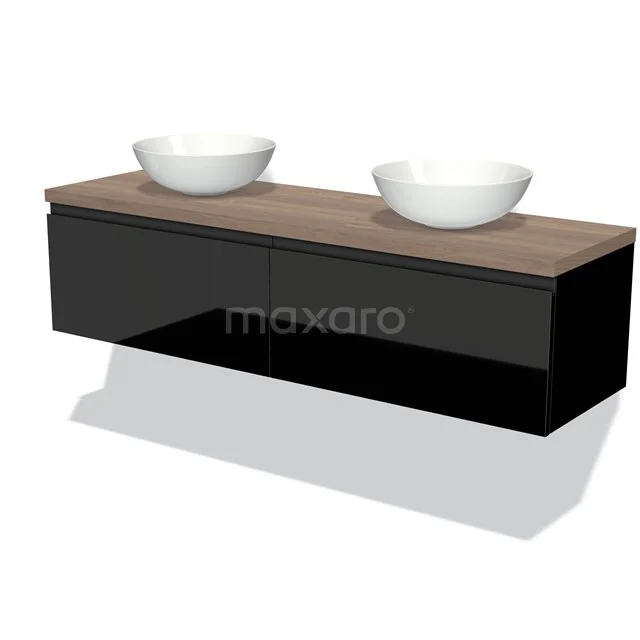 Schwarzes schwebendes Badmöbel mit doppelten weißen Aufsatzwaschbecken und Holzplatte, modernes Design für stilvolle Bäder.