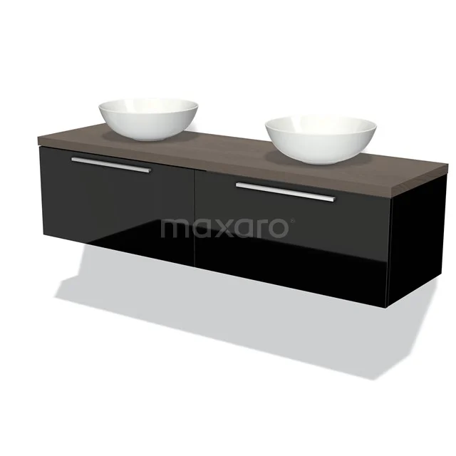 Modulo Plato Badmöbel mit Aufsatzwaschbecken | 160 cm Hochglanz Schwarz Flach front Dunkelbraune Eiche blatt 2 nebeneinanderliegende Schubladen BMK12-01032 Zweites Badezimmermöbel Schwarz mit Holzplatte, Doppelwaschbecken und Metallhaltegriffen, modernes Design.