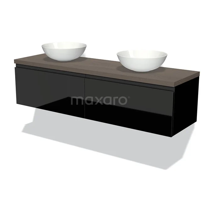 Modulo Plato Badmöbel mit Aufsatzwaschbecken | 160 cm Hochglanz Schwarz Grifflos front Dunkelbraune Eiche blatt 2 nebeneinanderliegende Schubladen BMK12-01034 Zweites Badezimmermöbel in Schwarz Hochglanz mit Holzlook Platte, doppelte komformige weiße Waschbecken, modernes und stilvolles Design.