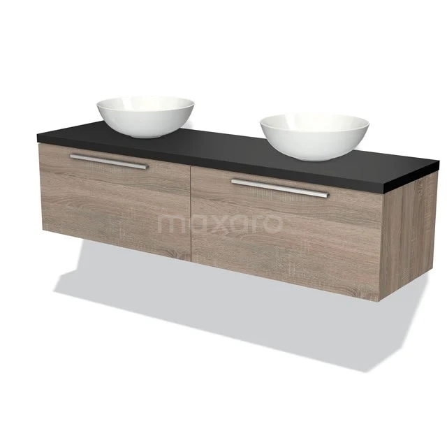 Holz-Badmöbel mit dunkler Platte und doppeltem keramischen Waschbecken, schlichtes Design für moderne Bäder.