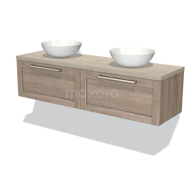Holzfarbiges Badmöbel mit Doppelwaschbecken, modernes Design und Soft-Close Schubladen. Perfekt für eine stilvolle Badezimmerinrichtung.