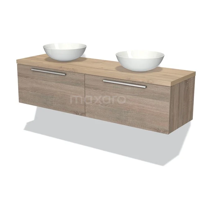 Hölzernes Badmöbel mit zwei weißen Aufsatzwaschbecken, moderne Designserie, perfekt für eine stilvolle Badezimmerinrichtung.