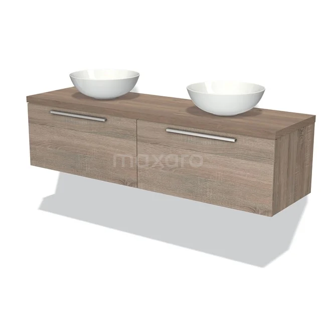 Holz Badezimmermöbel mit zwei weißen Aufsatzwaschbecken, modernes Design und geräumigen Schubladen, ideal für ein stilvolles Badezimmer.