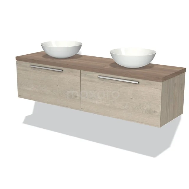 Holz-Badmöbel mit zwei Schubladen, Naturholzoberfläche und doppelten weißen Aufsatzwaschbecken, ideal für moderne Bäder.