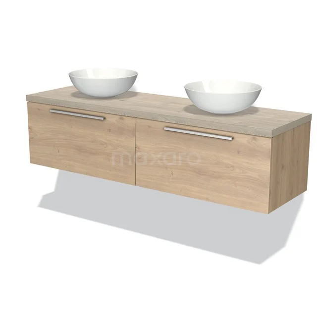 Holz Badezimmermöbel mit Doppelwaschbecken, heller Eiche Farbe und modernem Design, perfekt für ein stilvolles Badezimmer.