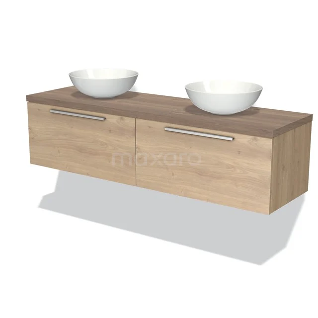 Holz Badezimmermöbel mit zwei weißen Waschbecken, modern hängendes Design und Schubladen, ideal für eine stilvolle Badezimmer Einrichtung.