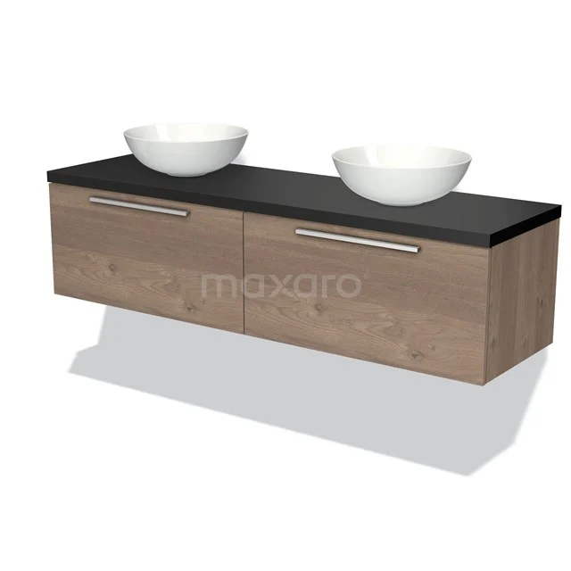 Badmöbel für Aufsatzwaschbecken 160cm Modulo Plato Mittelbraune Eiche 2 Schubladen Flach Matt Schwarz Platte BMK12-01067 Holz Badezimmermöbel mit 2 weißen Aufsatzwaschbecken, schwarzer Platte und modernen Designgriffen, perfekt für eine stilvolle Badezimmergestaltung.