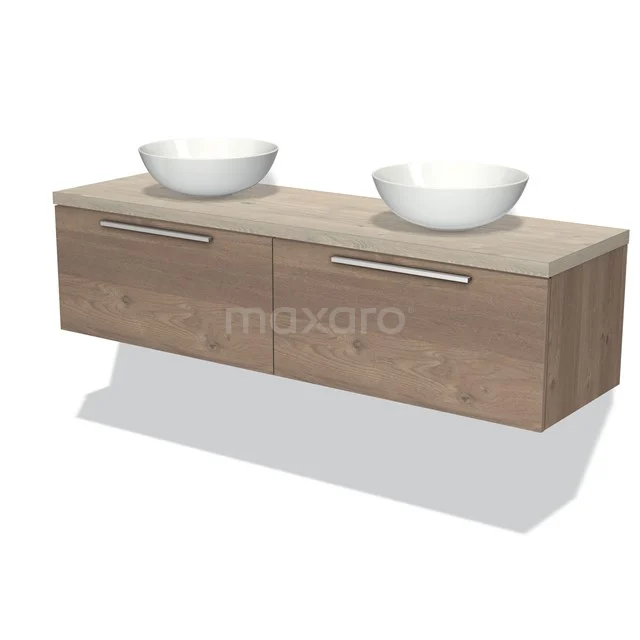 Holz Badezimmermöbel mit Doppelwaschbecken, weißen Keramikkellen, Wandmontage und metallischen Haltegriffen, modernes Design.