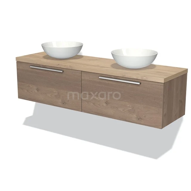 Modulo Plato Badmöbel mit Aufsatzwaschbecken | 160 cm Mittelbraune Eiche Flach front Hellbraune Eiche blatt 2 nebeneinanderliegende Schubladen BMK12-01073 Hölzernes Badezimmermöbel mit zwei weißen Aufsatzwaschbecken, modernem Design und metallischen Haltegriffen für ein stilvolles und praktisches Badezimmer.