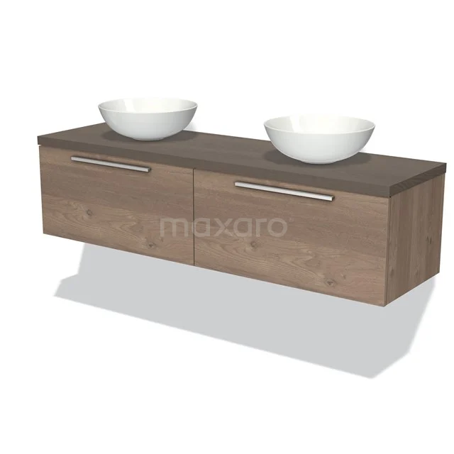 Holz Badezimmermöbel mit zwei weißen keramischen Waschbecken, modernes Design und geräumigen Schubladen.