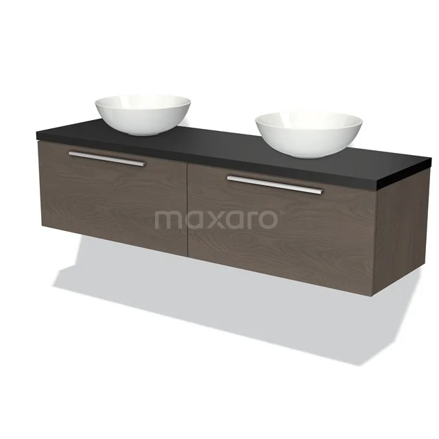 Modulo Plato Badmöbel mit Aufsatzwaschbecken | 160 cm Dunkelbraune Eiche Flach front Matt Schwarz blatt 2 nebeneinanderliegende Schubladen BMK12-01077 Braunes schwebendes Badezimmermöbel mit schwarzer Oberseite, zwei weißen Aufsatzwaschbecken und metallischen Haltegriffen; straffes und modernes Design.